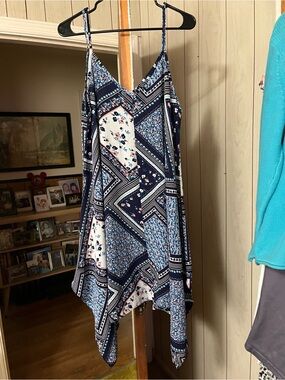Womens Navy Blue Asymmetrical Slip Dress with Floral Patchwork